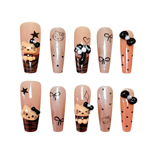 Cartoon Kitty Leopard Print French Bow Press-On Nails