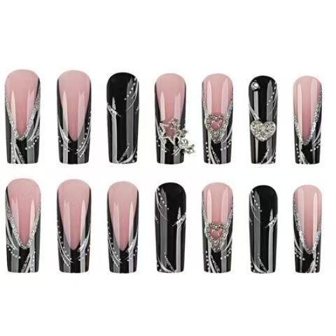 Black French-Style Sweet-Cool Glitter Heart and Star Dark Gothic Press-On Nails