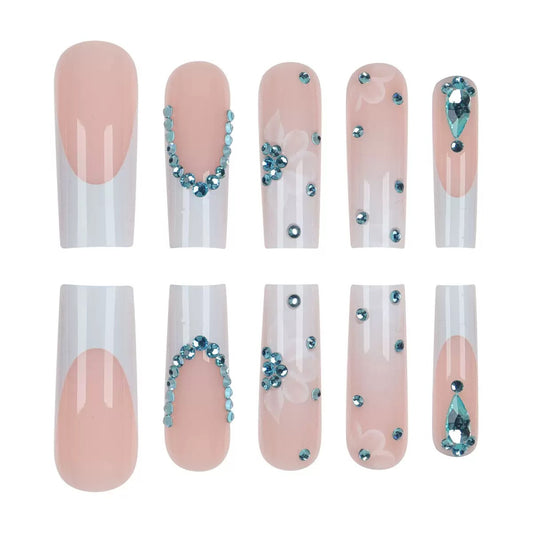 Translucent Flower Glitter Long Press-On Nails for a Brightening Effect