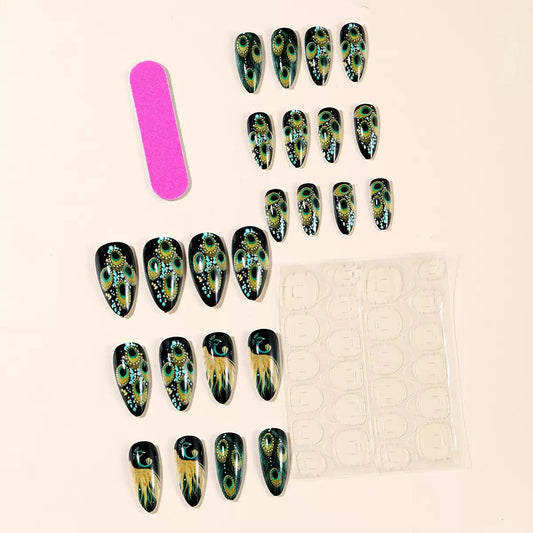 Black Almond-Shaped Peacock Pattern Printed Peacock Feather Removable Press-On Nails