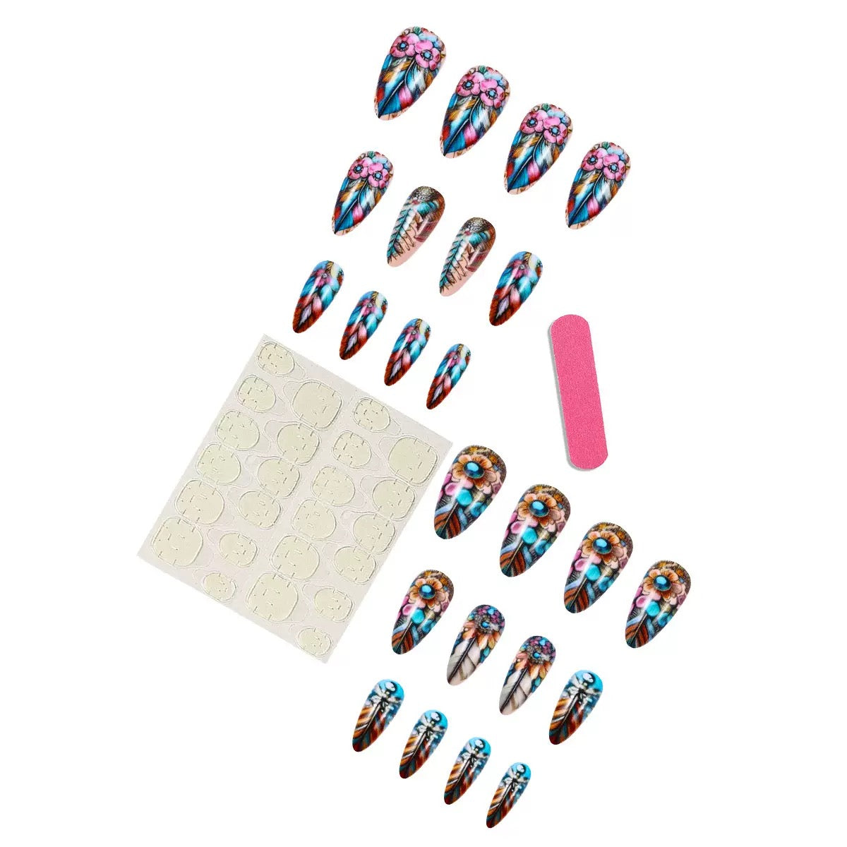 Colorful Feather Medium-Length Removable Press-On Nails
