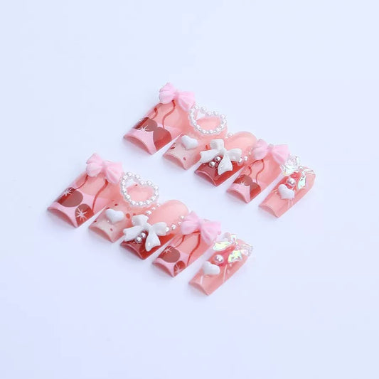 Cute Valentine’s Day Detachable Press-On Nails with Pink Heart French Cherry Bow