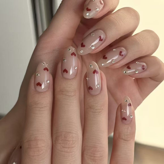 Valentine’s Day Sweet Heart Studded Detachable Press-On Nails | Romantic Style
