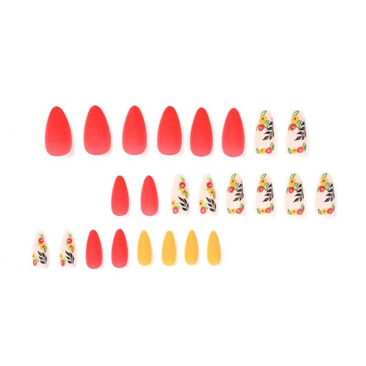 Matte Red and Yellow Small Flower Press-On Nails