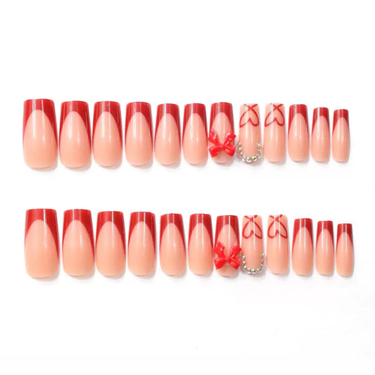 Valentine’s Day French-Style Red Bow & Heart Rhinestone Square Press-On Nails