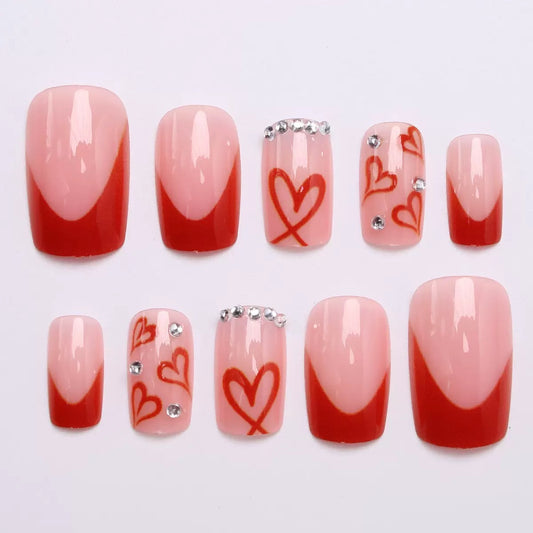 Valentine’s Day Red Heart Rhinestone French Square Press-On Nails
