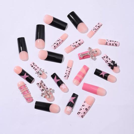 24-Piece Long Halloween Press-On Nails – Leopard Print Cross & Bow Design