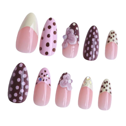 Autumn Pink & Coffee Brown French Pointed Press-On Nails with Polka Dot and Floral Design