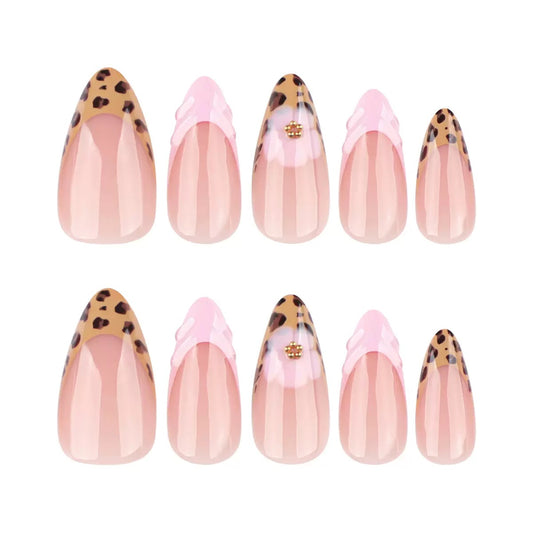 Sweet & Cool Leopard Print Press-On Nails with 3D Floral Design