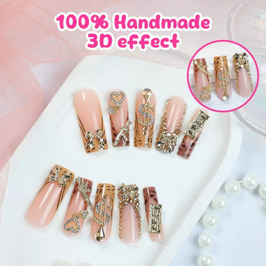 Best-Selling Long Tube Press-On Nails with Elaborate Bow, Gold Rhinestone Accents, and Leopard Print — Long Press-On Nail Set