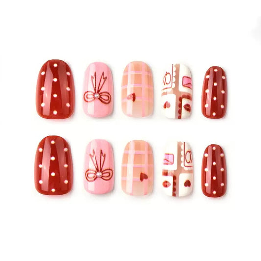 Valentine’s Day Short Oval Cute & Sweet Press-On Nails with Bow, Pearl, and Heart Design
