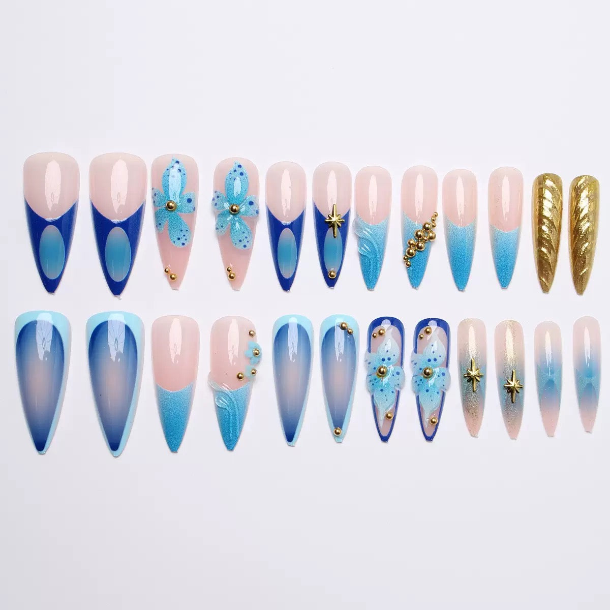 Medium-Length Fresh Style Mismatched 3D Blue Flower Gilded Star & Metal Stud Press-On Nails