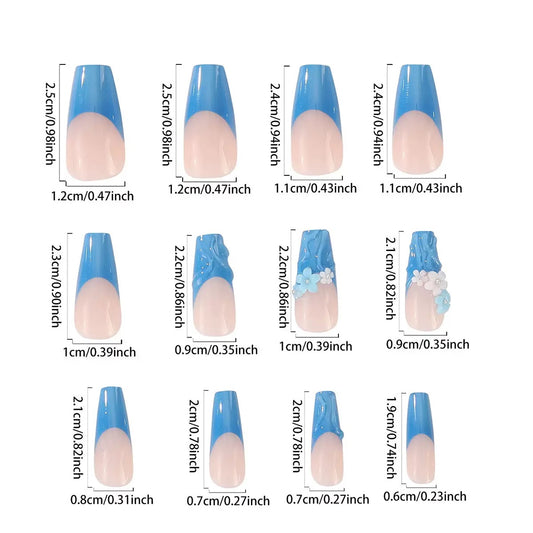 Blue French Floral Detachable Press-On Nails