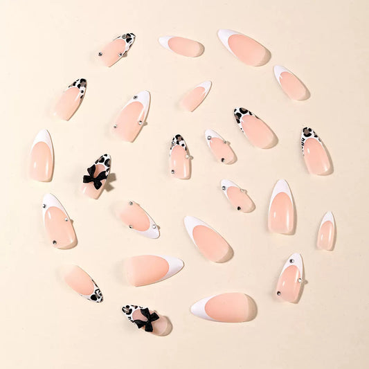 White Leopard Print French Almond-Shaped Bow Rhinestone Detachable Press-On Nails