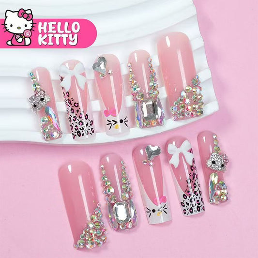 Cute KITTY Cat French Press-On Nails with Sparkling Bow – Stylish & Trendy