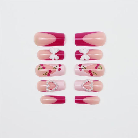 Valentine’s Day Rose Red French-Style 3D Bow with Pearl, Heart, and Cherry Press-On Nails