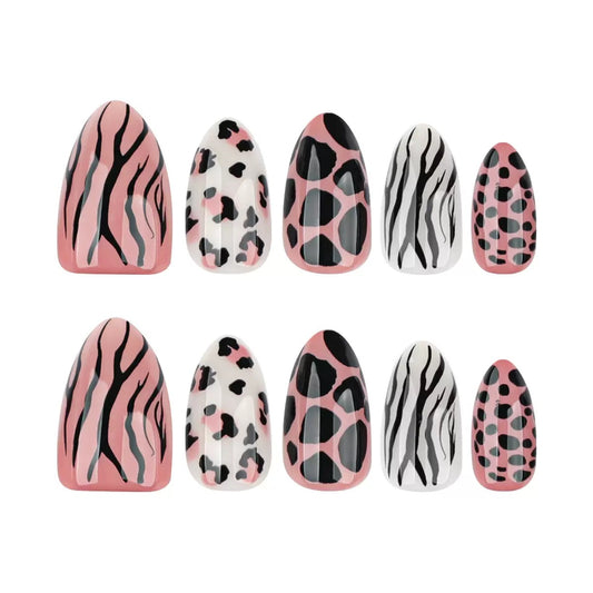 Short Almond Sweet & Cool Leopard & Zebra Print Mixed Detachable Press-On Nails