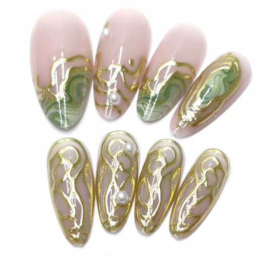 French 3D Irregular Gold-Foiled Aurora Sand Pearl Detachable Press-On Nails