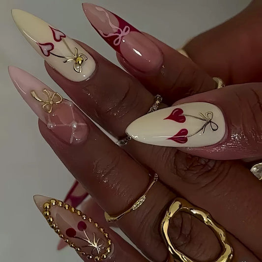 Sweet & Cool French Almond Detachable Press-On Nails with Yellow Cherry & Gold Bow