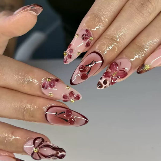 Best-Selling 3D French Press-On Nails with Cute Bow & Cherry Blossom Design