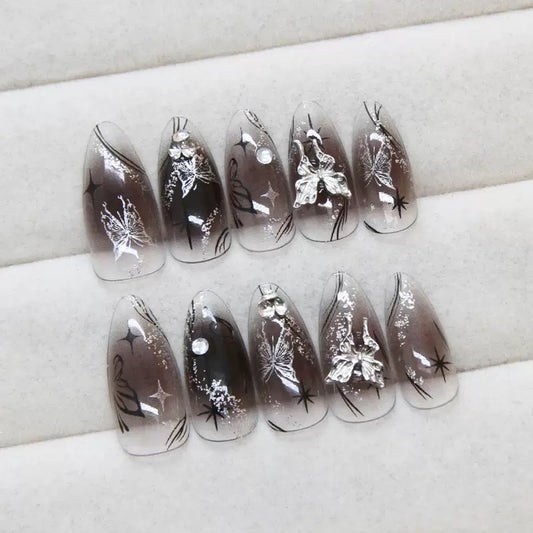 Dark Aesthetic Fine Glitter Gradient 3D Butterfly Detachable Press-On Nails