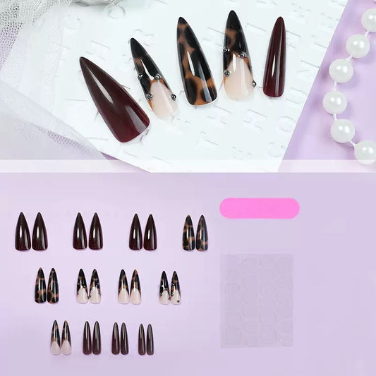 Minimalist Silver Studded Leopard Print Stiletto Detachable Press-On Nails
