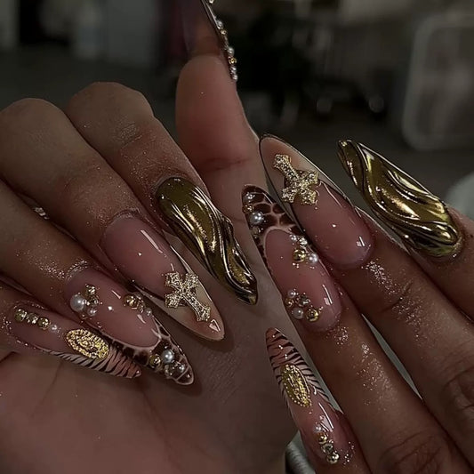 Hot-Selling French Leopard 3D Long Stiletto Rhinestone Cross Sparkle Detachable Press-On Nails | EU & US Trendy Style