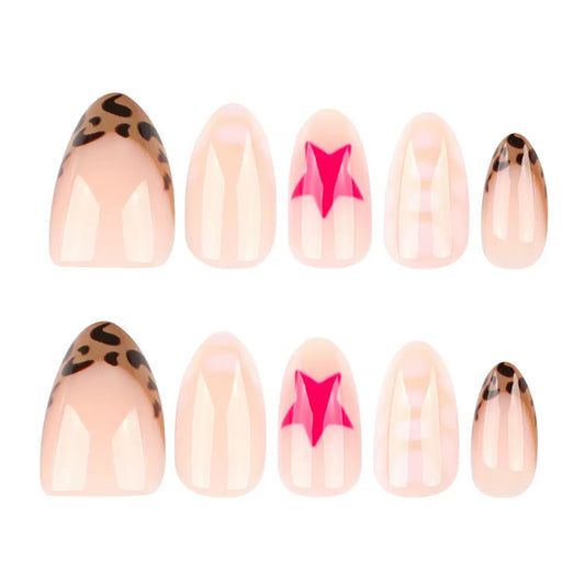 Hot-Selling Red Star Short Almond French Leopard Print Detachable Press-On Nails