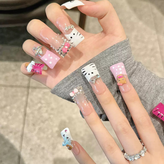 Platypus-Shaped Hand-Painted French Cute KITTY Handmade Press-On Nails