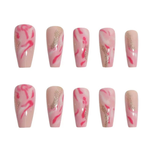 Long Ballerina Ombre Press-On Nails with Sparkling Gold Glitter, Removable False Nails