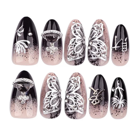 Trendy French Style Bling Rhinestone Ring Planet Short Almond Press On Nails Sweet & Edgy Reusable False Nails