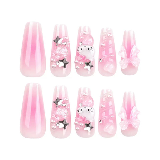 Cute Pink Kitty 3D Water Ripple Bow Press-On Nails