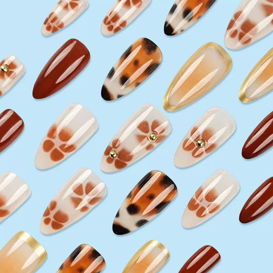Hot Girl Leopard Brown Gradient Press-On Nails with Sparkling Rhinestones – Ready-to-Wear