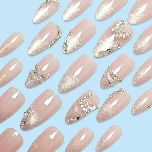 Almond-Shaped Cat Eye Press-On Nails with Rhinestone Butterfly