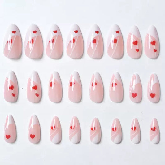 Valentine’s Day Sweet Heart White-Edged French Almond Press-On Nails