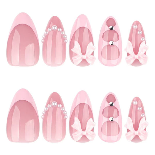Valentine’s Day Sweet Pink French Bow Pearl Rhinestone Short Almond Press-On Nails