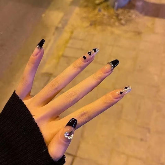 Black French Heart Rhinestone Ballet Press-On Nails (Ready-Made)