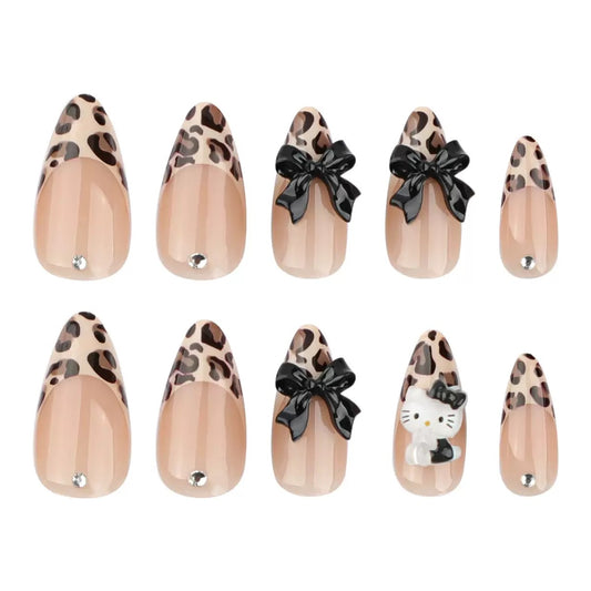 Cute Cartoon Cat French 3D Bow Rhinestone Leopard Print Detachable Press-On Nails
