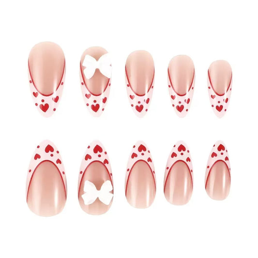 Valentine’s Day White Heart French Tip with 3D Bow Decoration Press-On Nails