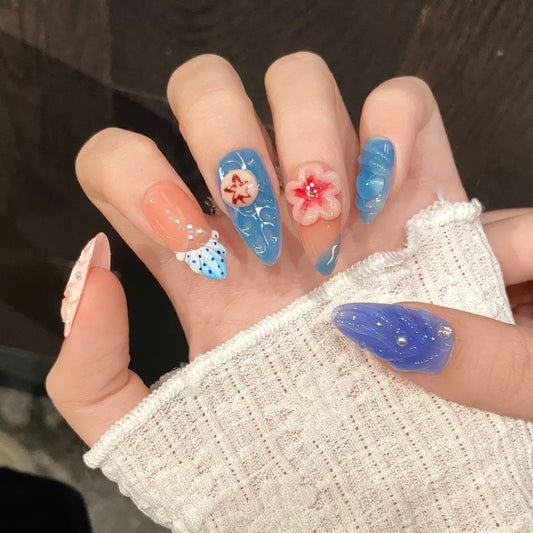 Dopamine Summer Island Ocean-Style 3D Carved Floral Hand-Painted Detachable Press-On Nails