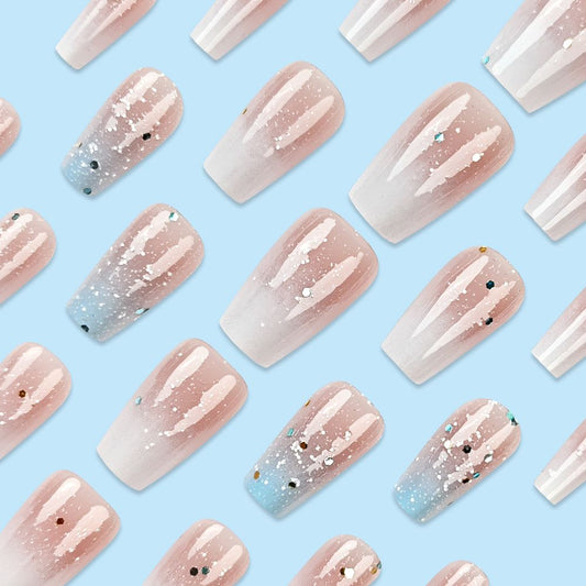 White-to-Blue Glitter Ombre Press-On Nails