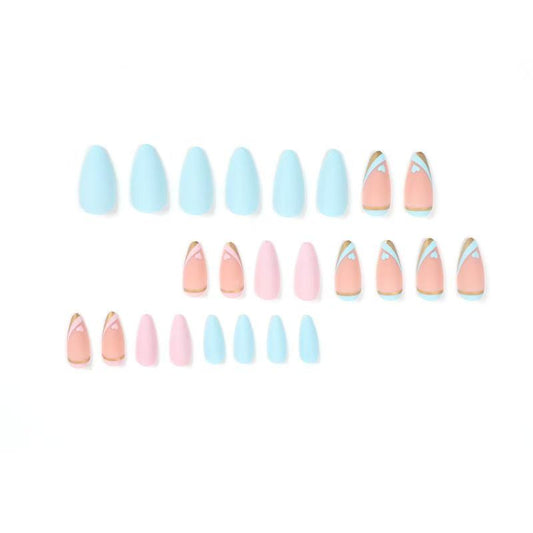 Pink & Blue Heart with Gold Trim Ready-Made Press-On Nails
