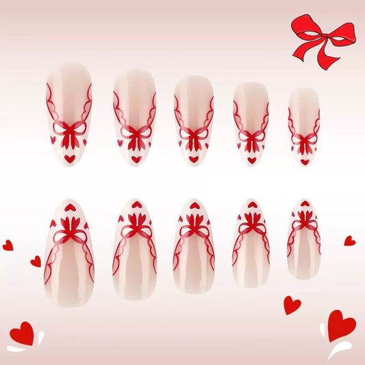 Valentine’s Day Red Heart Bow French White Tip Glossy Short Almond Press-On Nails