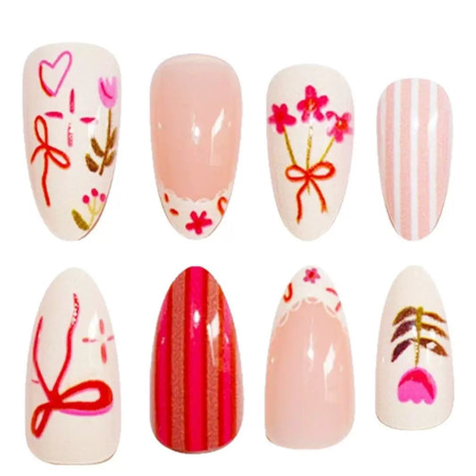 Cream-style mini floral, butterfly, lace-trim plaid detachable press-on nails