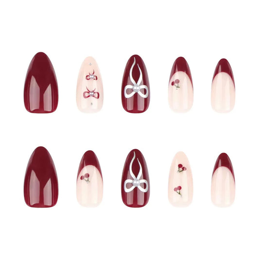 Valentine’s Day French Sweet Bow Cherry Wine Red Solid Color Press-On Nails