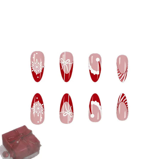 Christmas Red Striped French Nails with Santa Hat, Glitter Snowflakes, and Glossy Teardrop Press-On Nails