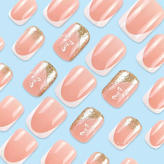 French White-Tip Butterfly Gold Glitter Press-On Nails