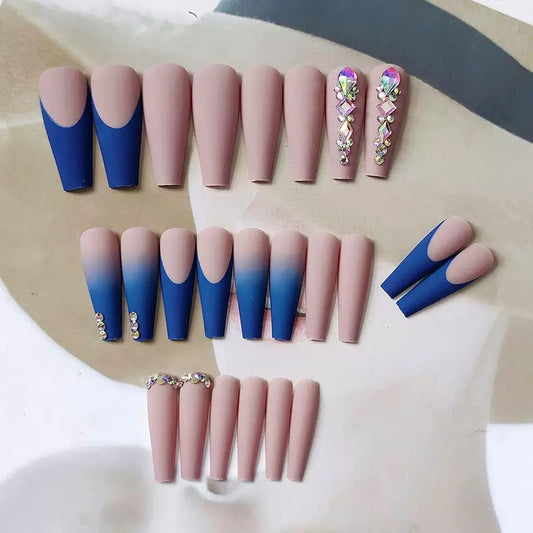 Extra-Long Enchanting Deep Blue Matte Rhinestone Press-On Nails