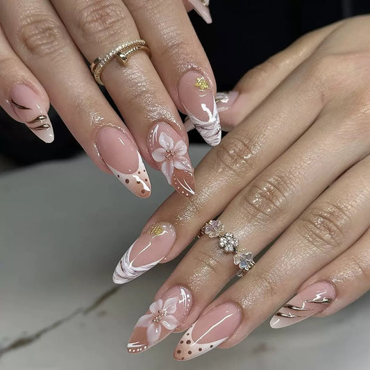 Autumn-Winter French 3D Gold-Foiled Flower Detachable Press-On Nails