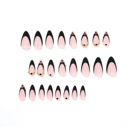 Black Heart Press-On Nails with Gold Lines (Ready-Made)